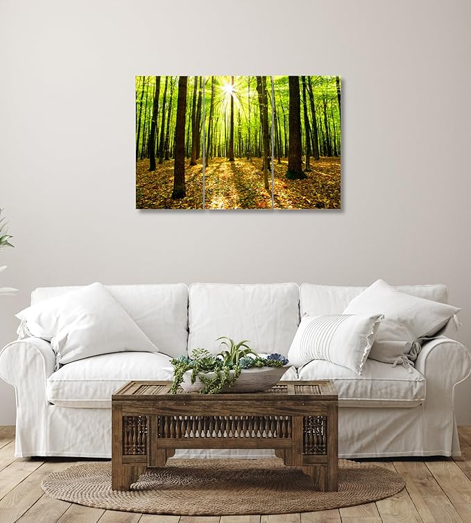 Forest Wall Art Decor - 3 Piece Set, Decorative Framed Green Tree Canvas Art Multi Panel Split Prints for Living Room, Kitchen, Bedroom, Office & Home Decor Gift