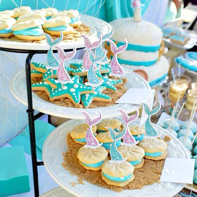 40 Pack Mermaid Cupcake Toppers Under the Sea Mermaid Tail Cupcake Picks for Summer Ocean Sea Animal Theme Baby Shower Kids Birthday Party Cake Decorations Supplies