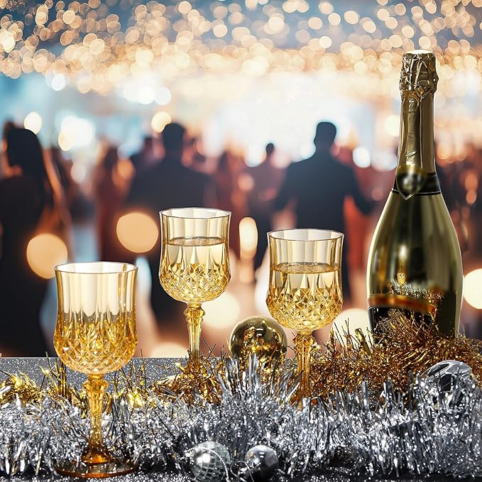XUWAIDSGN 16 Pcs 7oz Plastic Vintage Wine Glasses Drinking Glasses Unbreakable Wedding Glassware Crystal Water Goblets Reusable Drinkware Vintage Champagne Flutes (16, Amber)