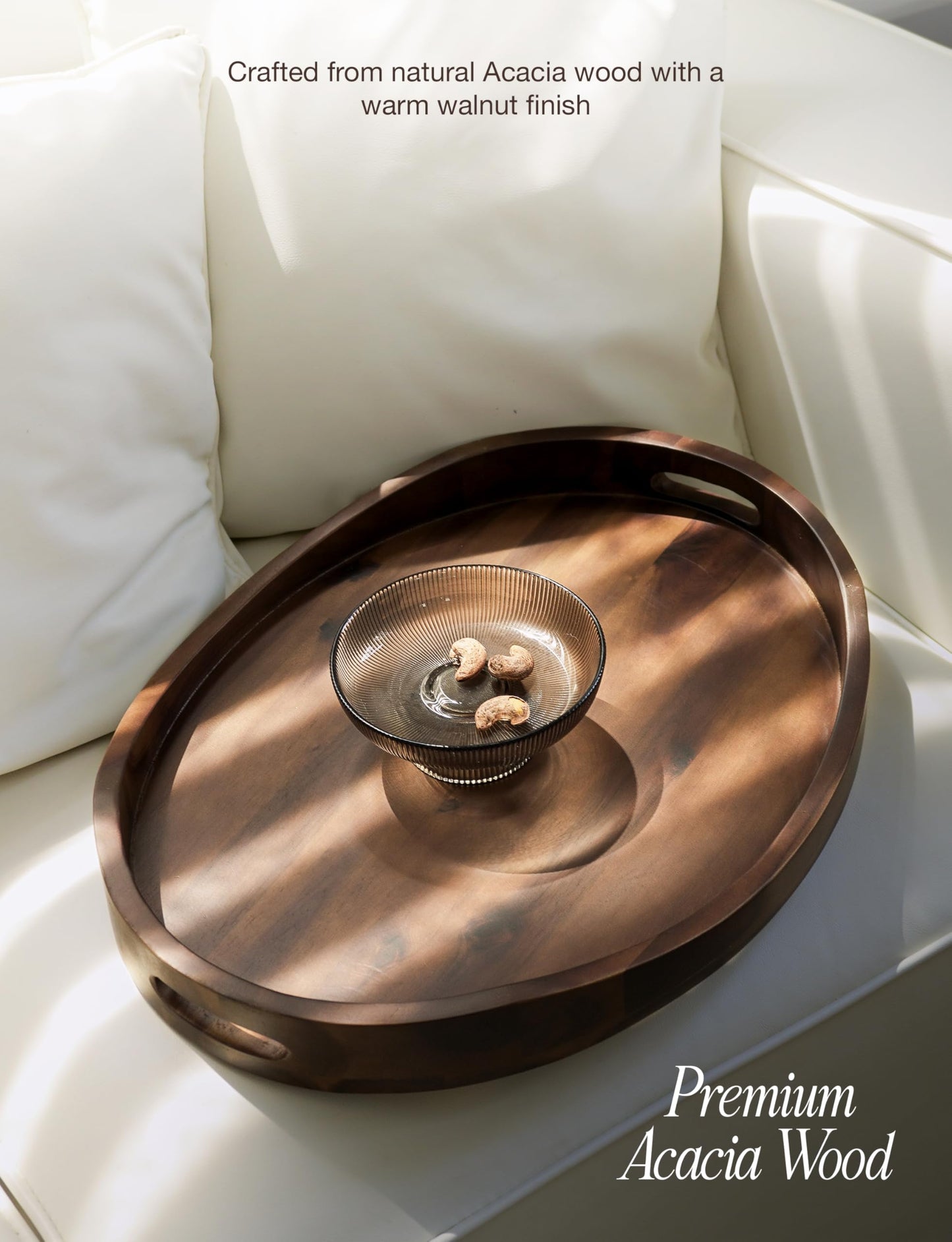 TIDITA Acacia Oval Wooden Serving Tray with Handle, 16.5"x13", Walnut Color
