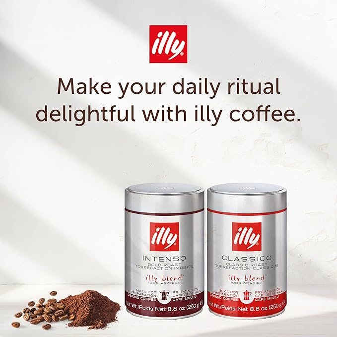 Illy Ground Moka Coffee - Classico Medium Roast - Mild & Balanced - 100% Arabica - Pre-Ground for Moka Pot - Pressurized Packaging Sealed for Freshness - 8.8oz - (Pack of 4)