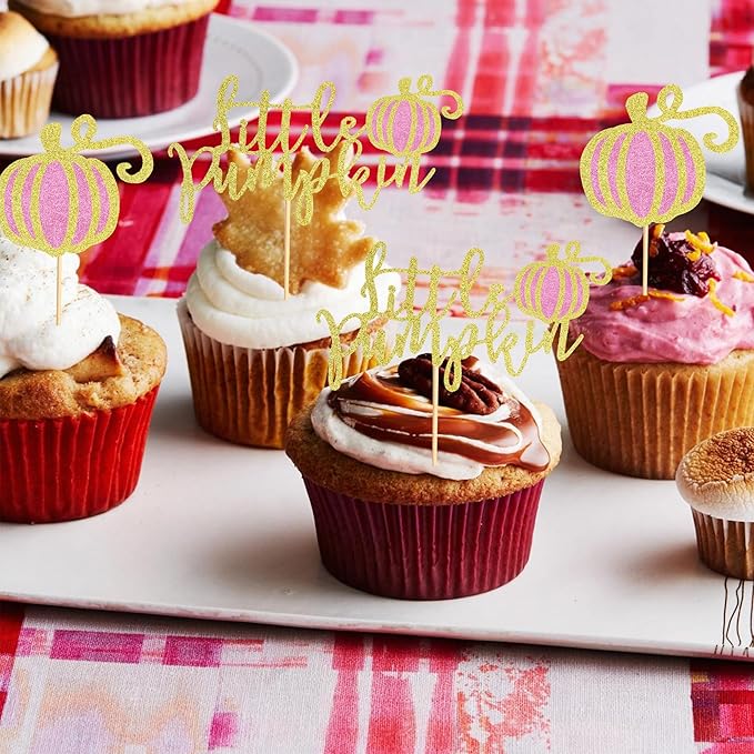 24Pcs Little Pumpkin Cupcake Toppers Fall Pumpkin Cupcake Picks for Thanksgiving Halloween Baby Shower Kids Birthday Party Cake Decorations Supplies - Pink Glitter