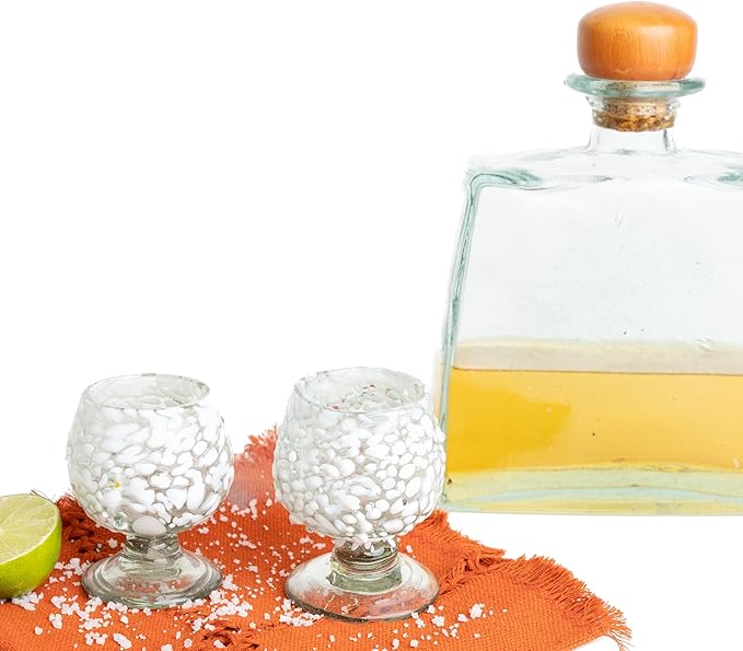 Authentic Mexican Tequila Hand Blown Shot Glasses - Set of 4-2 oz - Mini Glass Snifters - Heavy Base - Cognac (White Confetti)
