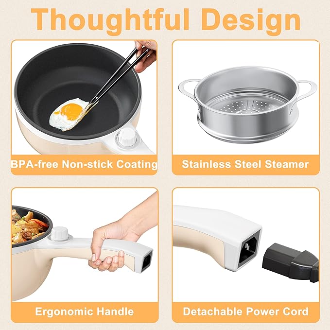 Dezin Hot Pot Electric with Steamer Upgraded, Non-Stick Saut챕 Pan, Rapid Noodles Electric Pot, 1.5L Mini Pot for Steak, Egg, Fried Rice, Ramen, Oatmeal, Soup with Power Adjustment