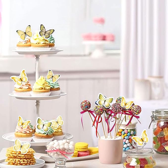 48Pcs Edible Butterfly Cupcake Toppers Double Layer Butterfly Decorations for Women's Happy Birthday Cake Decorations Party Decorations