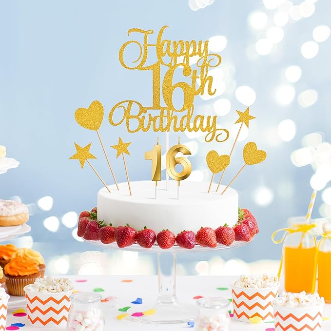 16th Birthday Cake Decorations, 16th Birthday Candles Cake Numeral Candles and Glitter Happy 16th Birthday Cake Toppers Set for Birthday Party Supplies (Golden)