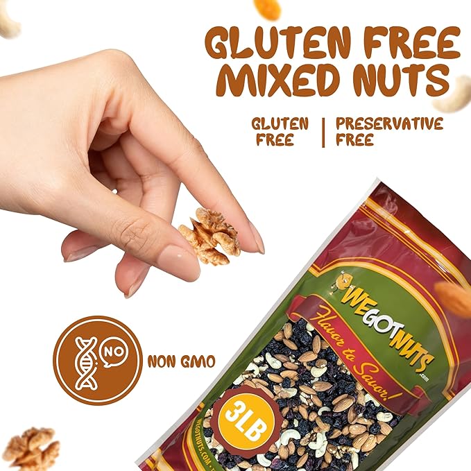 We Got Nuts Trail Mix Premium Blend with Almonds, Cashews, Cranberries, Raisins,Filberts and Walnuts Kosher Certified 3 lb Resealable Bag
