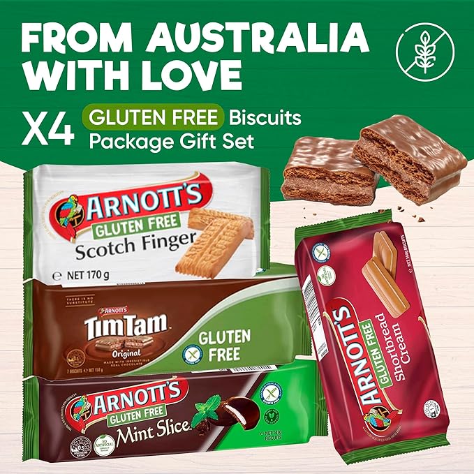 Gluten Free Biscuit Variety Pack ??4-Pack Assortment Featuring Tim Tam, Scotch Finger, Mint Slice & Shortbread Creams ??Classic Australian Biscuits Made Gluten Free