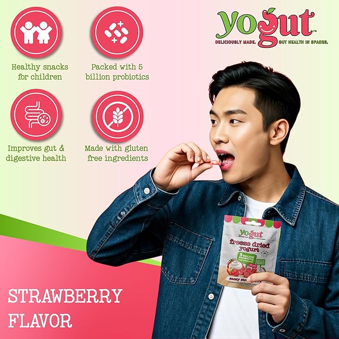 YoGut Freeze Dried Yogurt Snack, Variety Pack, 6 Pack, Healthy Snacks for Kids, Toddlers & Adults, Gluten Free, Non GMO, With 5 Billion Live Probiotics, Vitamins & Minerals, Individual Snack Packs