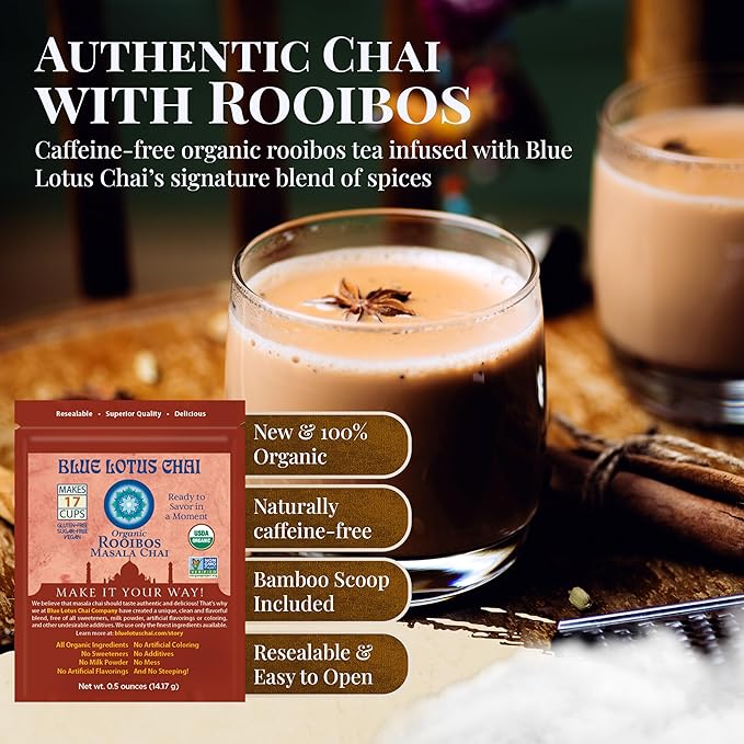Blue Lotus Chai - Rooibos Masala Chai - Makes 17 Cups - 0.5 oz Pouch Masala Spiced Chai Powder with Organic Spices - Instant Indian Tea No Steeping - No Gluten