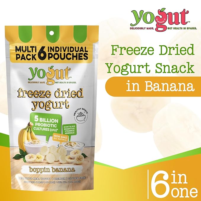 YoGut Freeze Dried Yogurt Snack, Banana, 6 Pk, Healthy Snacks for Kids, Toddlers & Adults, Gluten Free, Non GMO, With 5 Billion Live Probiotics, Vitamins & Minerals, Individual Snack Packs