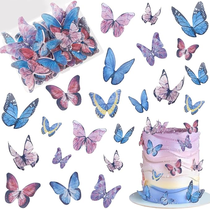 Morofme 40Pcs Wafer Paper Butterfly Cupcake Toppers Edible Butterflies Cake Decorations Butterflies Themed Cake Toppers Mixed Sizes for Birthday Baby Shower Party