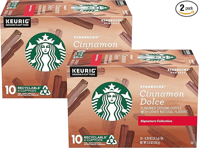 Starbucks Flavored Ground Coffee K-Cup Pods,Cinnamon Dolce,Flavored Ground Coffee Signature Collection,Recyclable K-Cups,10 K-Cup Pods/Box (Pack of 2 Boxes),10 Count (Pack of 2)