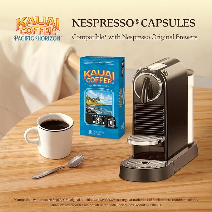 Kauai Coffee Espresso Pods Compatible with Nespresso Original Coffee Makers – Arabica Coffee, 10% Hawaiian – Dark Roast, Rich Cocoa & Smoky Finish – Poipu Beach, 4 Packs of 10 Espresso Pods