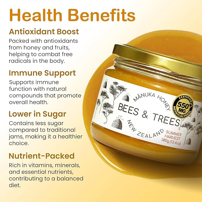 Bees & Trees Manuka Honey 550+ MGO – Pure New Zealand Raw Monofloral Honey – Unpasteurized & Natural – 380g (13.4oz) Glass Jar – Perfect for Coffee, Tea & Daily Wellness