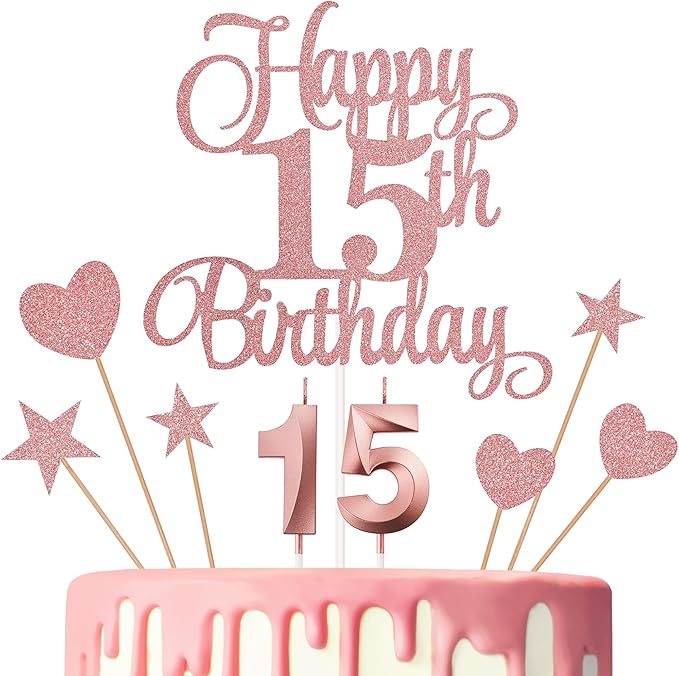 15th Birthday Cake Decorations, 15th Birthday Candles Cake Numeral Candles and Glitter Happy 15th Birthday Cake Toppers Set for Birthday Party Supplies (Rose Gold)