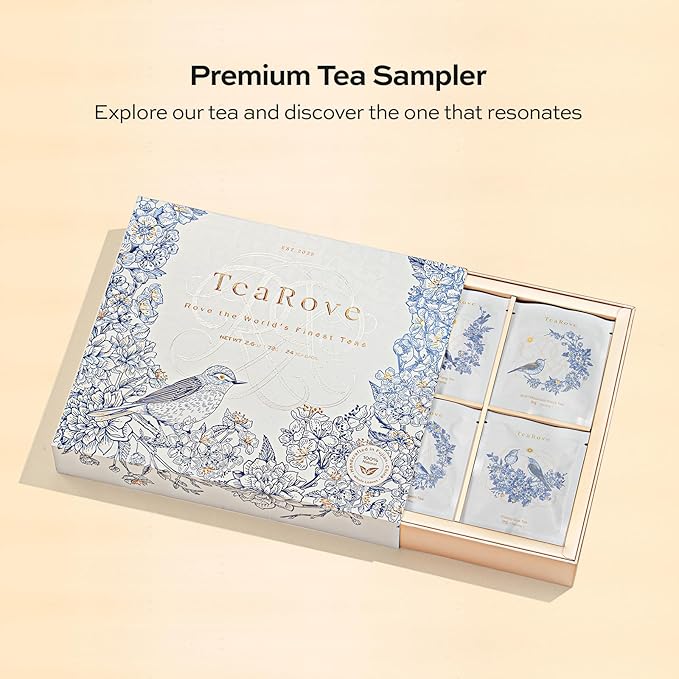 TeaRove Assorted Tea Gift Box - Toile de Jouy Bird Collection, Chinese Whole-Leaf Tea Smapler Variety Pack, Black, Oolong, Jasmine Green & Herbal Teas, Hot or Iced, Self Care Gifts for Teas Lovers