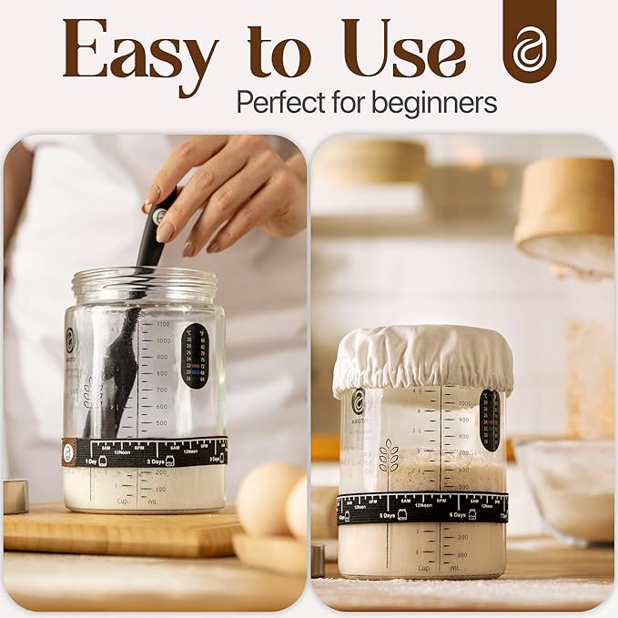 Sourdough Starter Kit with 40 oz Glass Jar ??Extra Thermometer Strips and Breathable Covers Included in Sourdough Starter Jar Kit ??A Perfect Sourdough Bread Starter Kit for Beginners to Expert