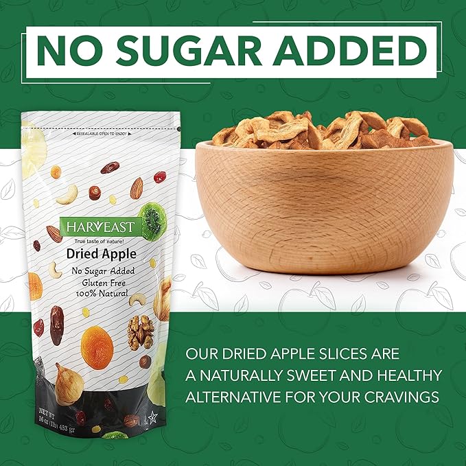 HARVEAST Dried Apples - Dehydrated Sliced Apple Snack - Tender & Sweet Whole Dried Fruits - Vegan Treats in Resealable Pack - Sugar Free, Non-GMO, Unsulfured, Gluten Free & Kosher (20 Oz, 2 Packs)