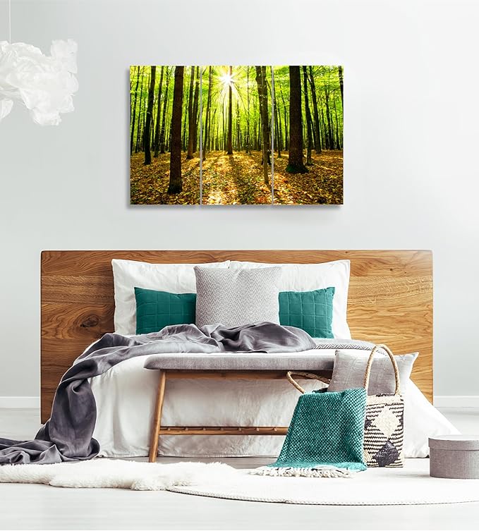Forest Wall Art Decor - 3 Piece Set, Decorative Framed Green Tree Canvas Art Multi Panel Split Prints for Living Room, Kitchen, Bedroom, Office & Home Decor Gift