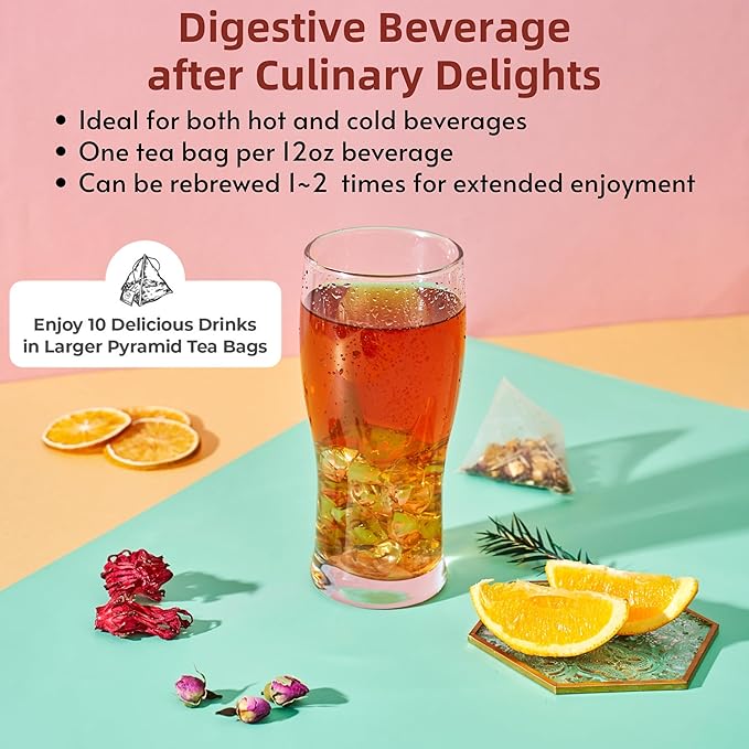 FOODHO Fruit Herbal Blend Functional Tea for Digestion with Orange, Hawthorn, Roselle, Rose, Caffeine Free Tea, No Sugar, Hot or Iced Refreshingly Fruity, 10 Decaf Tea Bags
