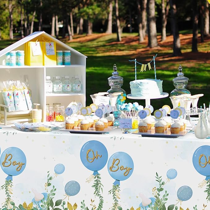 Baby Shower Party Tablecloths - 3Pcs Watercolor Blue Birthday Party Table Cover Decorations, Oh Boy Themed Rectangular Plastic Disposable Table Cloth for Baby Boys Birthday Gender Reveal Supplies