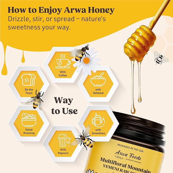 Arwa Foods Multifloral Mountain Yemeni Raw Honey - Royal Yemeni Raw Organic honey from Wadi of Douan - Sealed & Packaged in USA - 100% Unfiltered, Raw & Pure Honey (8.82 oz)