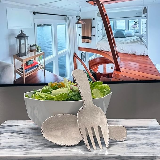 UPware Crackle Melamine Salad Servers, Serving Utensil Set, Includes Serving Fork and Spoon for Tossing Salad, Pasta, Cream, 10.75 Inch, Set of 2