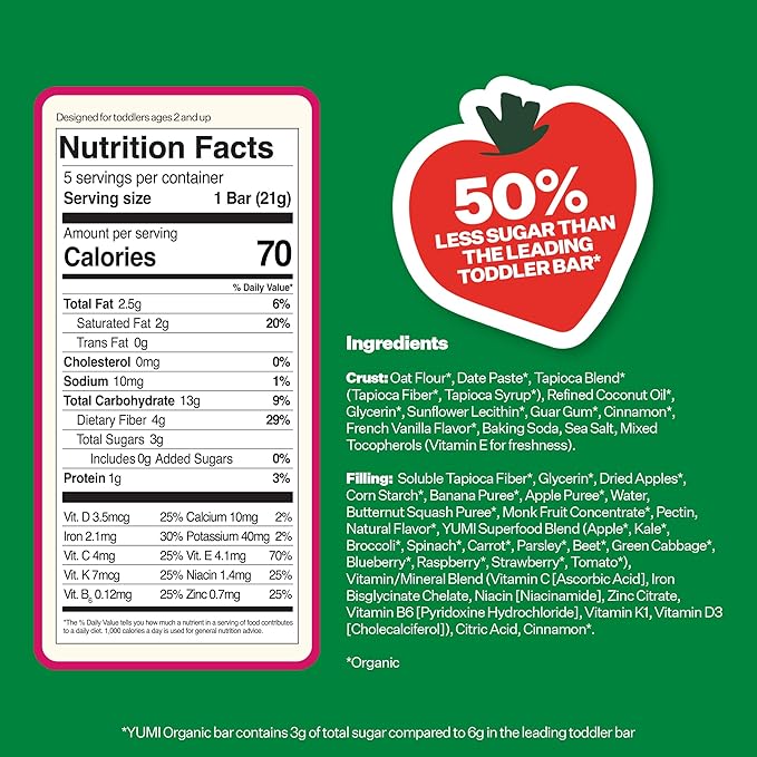 Yumi Organic Toddler Snacks Bars - Gluten-Free, No Added Sugar, 7+ Vegetables, Soft-Baked Crust, Yumi Bars Healthy Toddler Organic Snacks - School Safe and for Lunch Boxes, Strawberry & Rhubarb (30ct.)