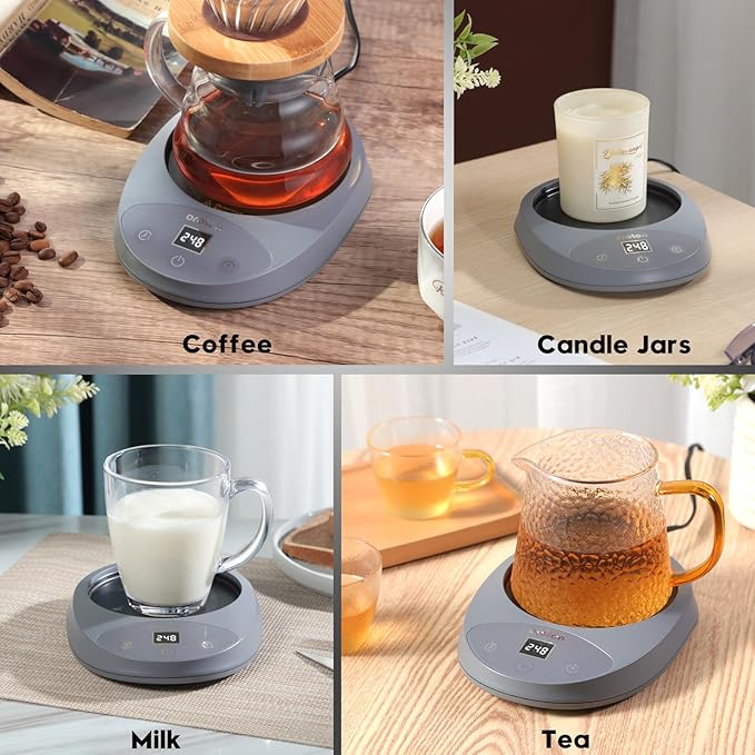 Mug Warmer for Coffee and Tea, Auto Shut Off,4.3 Inch Large Heated Plate,8 Temperature Settings, 1-8 Hour Timer Settings, Smart Coffee Warmer Plate Milk Tea Water(Grey)