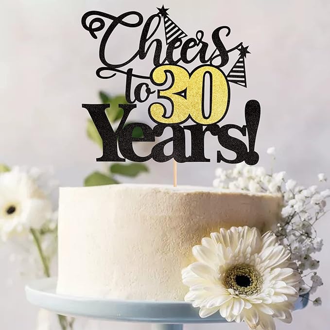 Rsstarxi 1 Pack Cheers to 30 Years Cake Topper Black Glitter Thirty Years Old 30th Birthday Cake Pick Decorations for 30th Birthday Wedding Anniversary Party Supplies