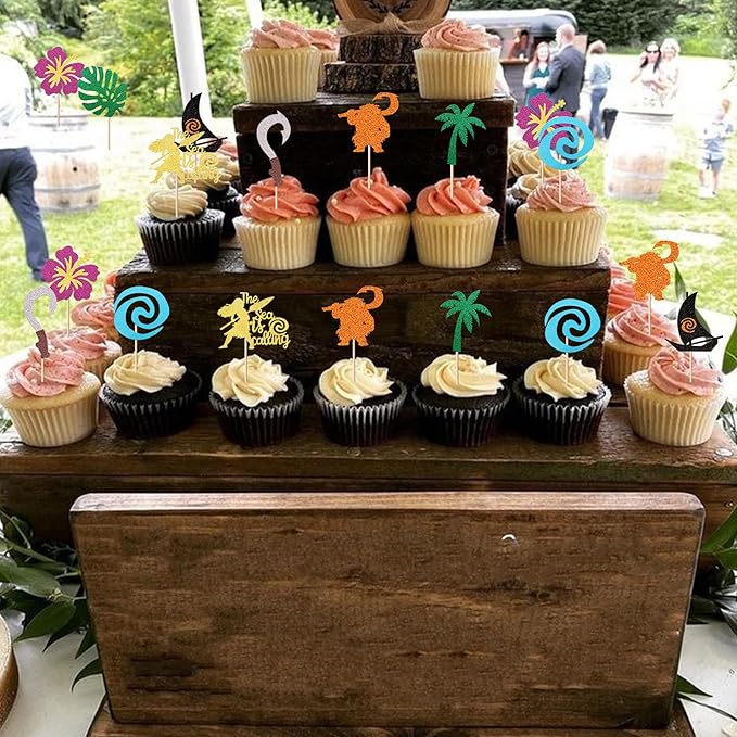 24 Pack Moana Cupcake Toppers Glitter Palm Leaf Moana Cupcake Picks The Sea is Calling Hawaiian Tropical Cake Decorations for Luau Summer Baby Shower Birthday Wedding Party Supplies