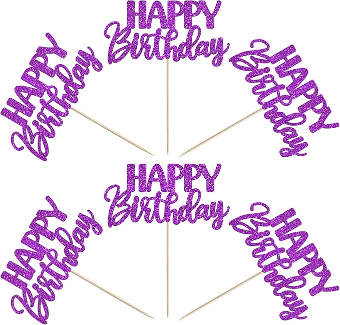 30 PCS Happy Birthday Cupcake Toppers Glitter Happy Birthday Cupcake Picks for Celebrating Anniversary Theme Party Cake Decorations Supplies Dark Purple