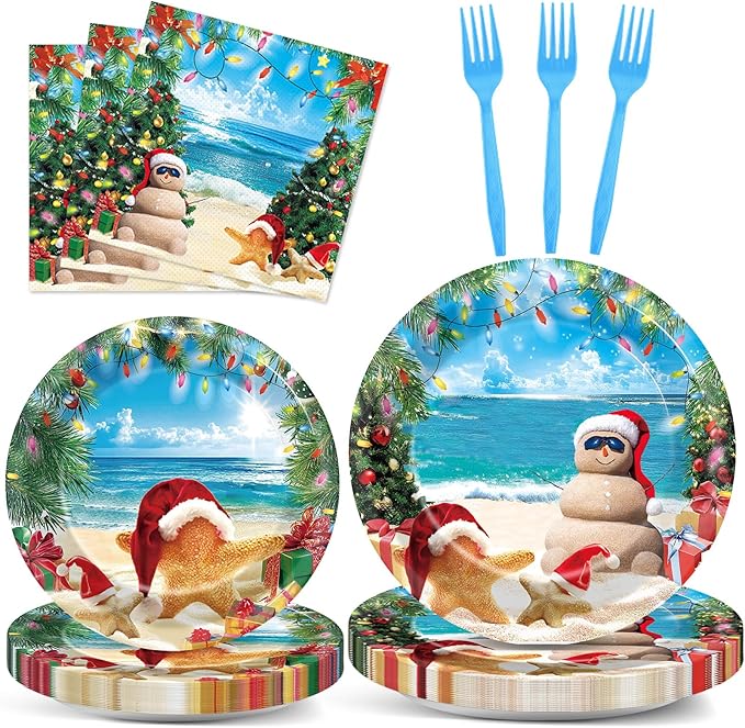 96 Pcs Summer July Christmas Plates and Napkins Xmas in July Party Decorations Disposable Dessert Plates Hawaiian Beach Tableware Set for 24 Guests Tropical Birthday Party Supplies