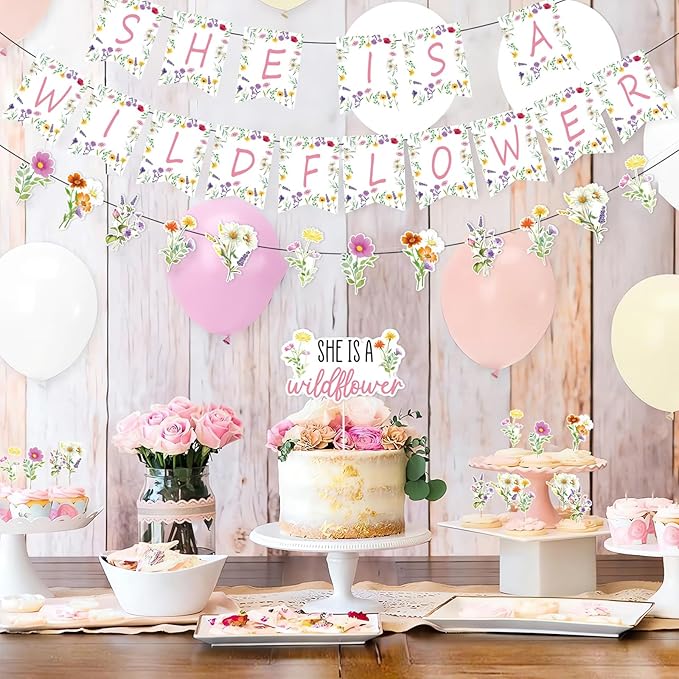 48 Pcs Wildflower Party Cupcake Toppers for Floral Birthday Baby Shower Party Decorations