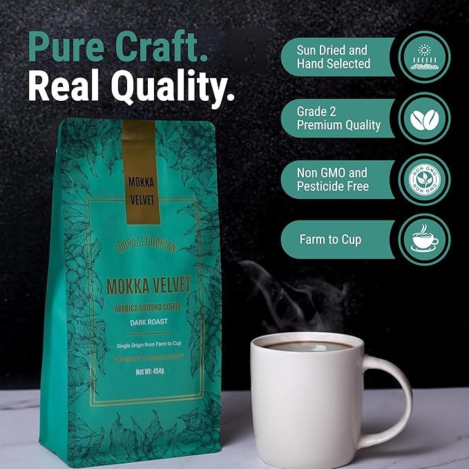 Mokka Velvet Ethiopian Coffee Ground - Organically Grown Dark Roast Coffee Ground, Single Origin, Ground Coffee, 100% Ethiopian Harar Arabica Coffee, Resealable Bag 454g.