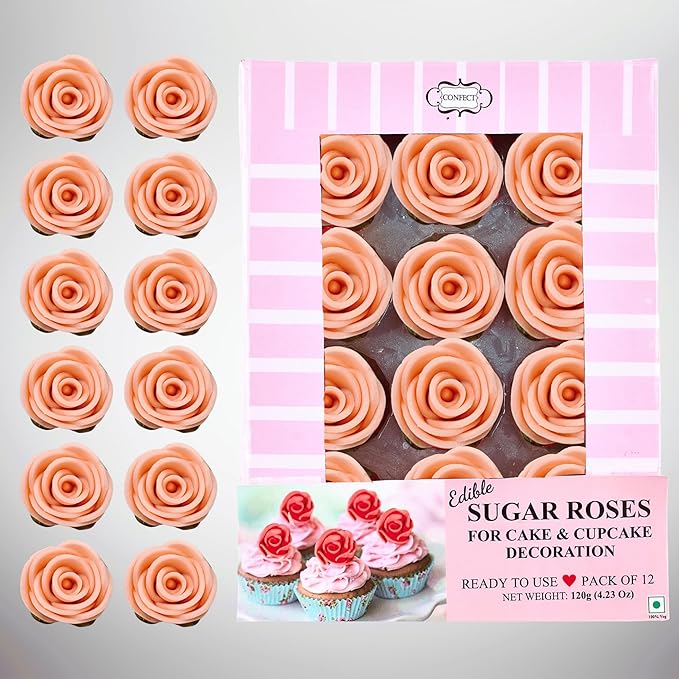 Confect Edible Rose Cake Toppers | Cupcakes & Doughnut Toppers | Roses for Cake Decorations | Edible Pretty Peach Pearl Roses - Vegan, Gluten-Free, Nut-Free, Dairy-Free, Palm Oil-Free -Pack of 12