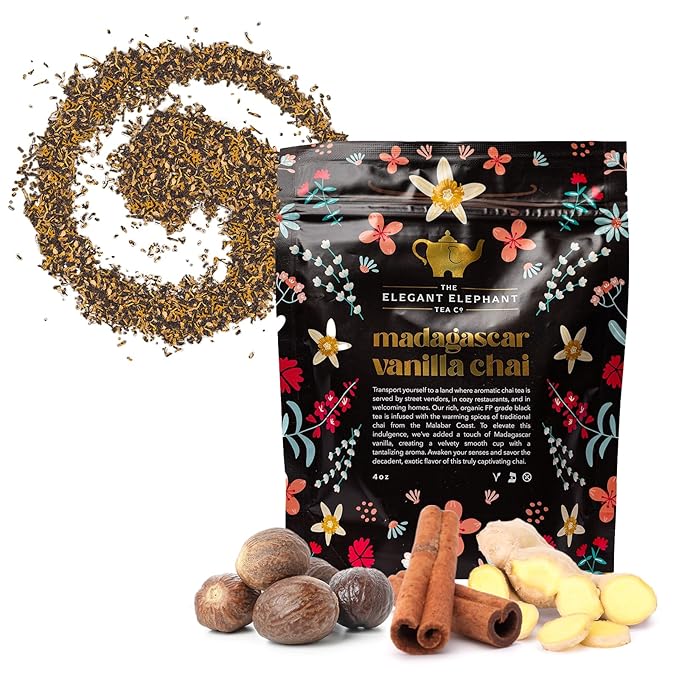 Madagascar Vanilla Chai Tea, Organic Loose Leaf Chai Tea ??Black Tea with Chai Spice Blend ??Great Hot or Iced Chai Latte ??4 oz Resealable Bag (Makes 50 Cups) ??The Elegant Elephant