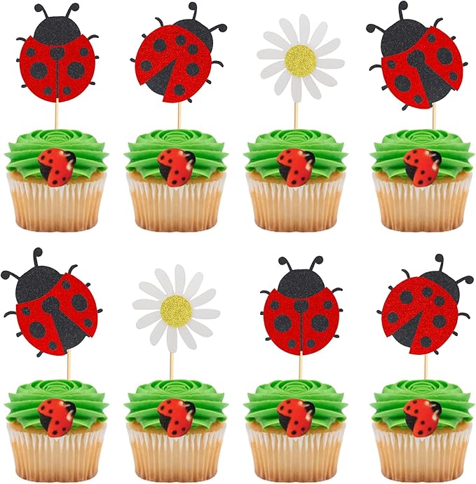 24Pcs Ladybug Cupcake Toppers Flowers Insects Cupcake Picks Garden Theme Baby Shower Kids Birthday Party Cake Decorations Supplies