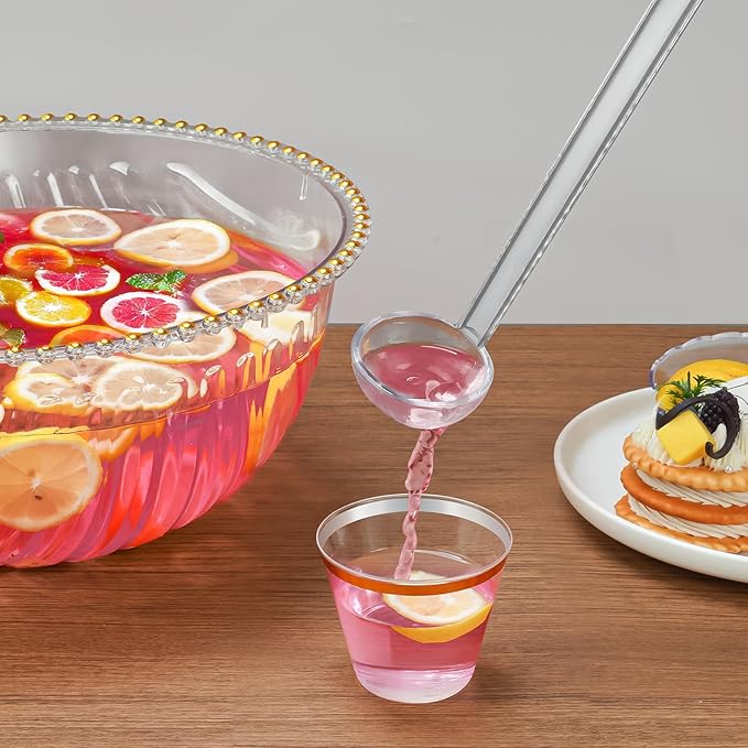 NiHome Large Plastic Punch Bowl with Ladle, Tongs and 25 Gold-Rimmed Cups for Wedding, Birthday, BBQ, Baby Shower, Holiday, 1.7 Gallon Reusable Clear Party Bowl Set for Drinks, Salads, Snacks & More
