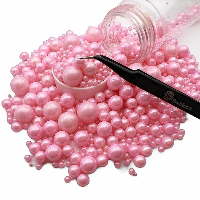 Pink Edible Pearl Sprinkles for Cake Decorating 5.1 OZ Pink Edible Pearls Edible Cupcake Decorations Halloween Christmas Cookie Decorations Edible Sugar Pearls for Cakes,Cupcakes Toppers Baby Shower Wedding Supplies with Tweezers
