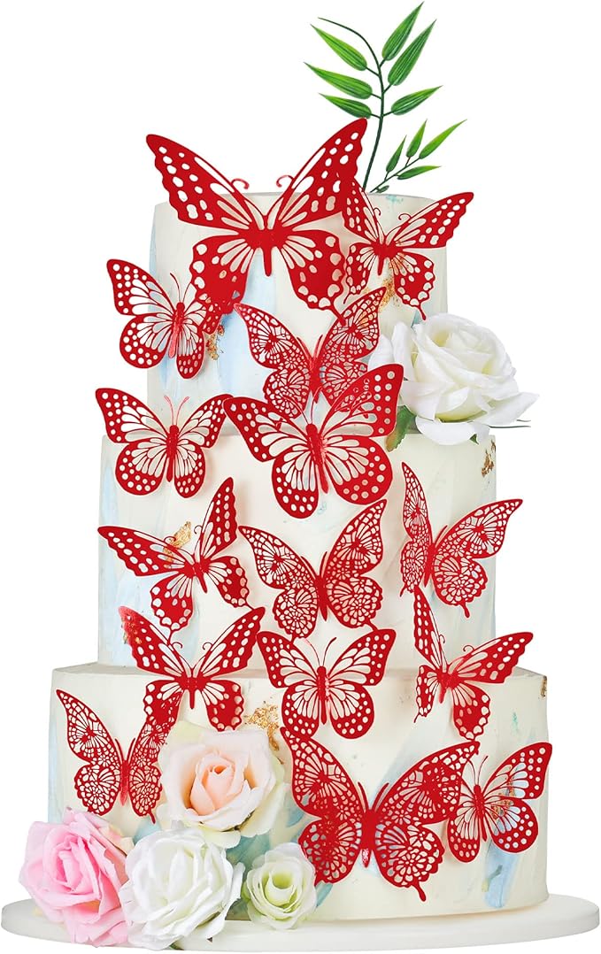 Gyufise Metallic Red Butterfly Cupcake Toppers Hollow Art 3D Butterfly Cupcake Decorations Baby Shower Wedding Anniversary Kids Birthday Party Cake Wall Decorations Supplies 36Pcs