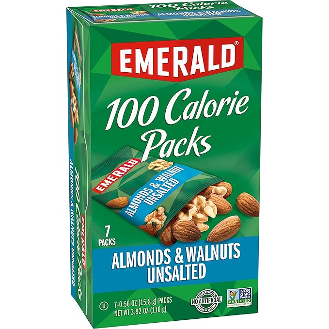 Emerald Nuts Unsalted Almonds and Walnuts 7 Ct (1-Pack), 100-Calorie Individual Packs of Nut Blend, Kosher Certified, Non-GMO, Contains No Artificial Preservatives, Flavors or Synthetic Colors