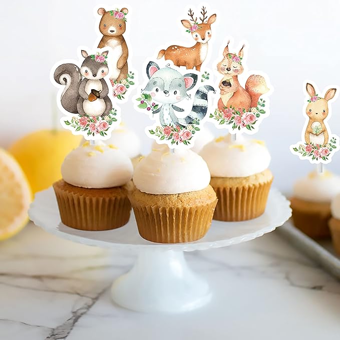 25pcs Woodland Animal Cupcake Toppers - Baby Shower Decorations for Woodland Party Supplies