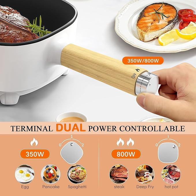Audecook Hot Pot Electric 2L, Cermic Glaze Non-Stick Frying Pan 8 Inch, Portable Travel Cooker for Ramen/Steak/Fried Rice/Oatmeal/Soup, with Dual Power Control (Silicone Spatula Included)