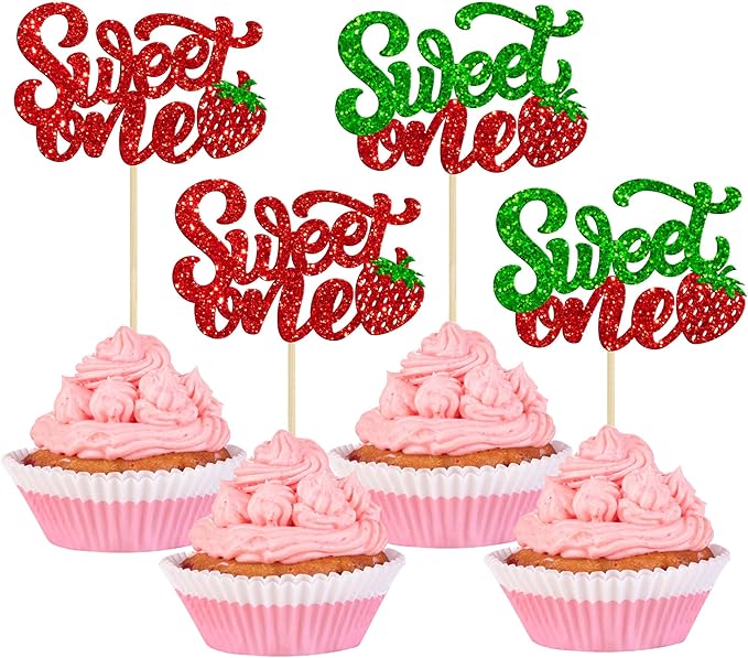 24Pcs Sweet One Cupcake Toppers Glitter Strawberry Cupcake Picks for Baby Shower Boys and Girls 1st Birthday Party Fruit Strawberry Theme Party Cake Decorations Supplies