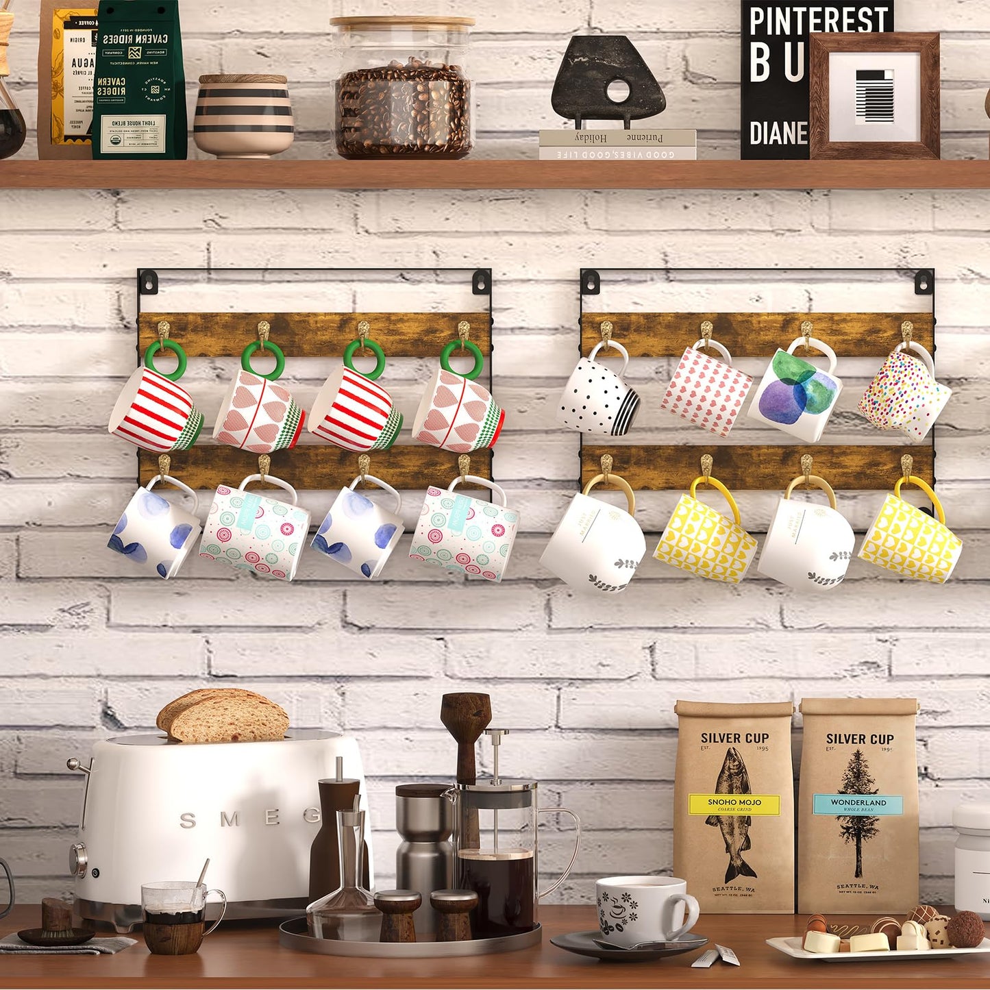 Huxitocan Wall Mount Coffee Mug Holder - Rustic Wood and Iron, Holds Up to 24 Mugs (3Pack) for