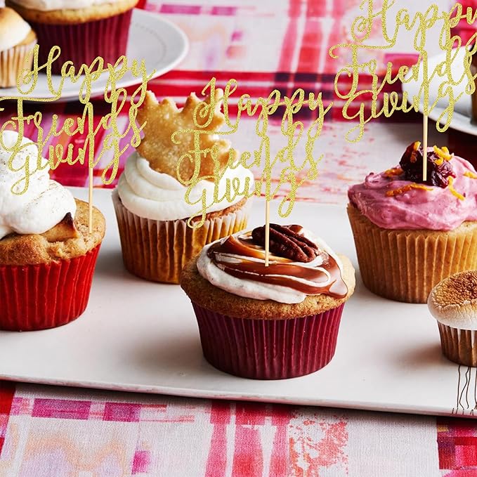 24Pcs Happy Friendsgiving Cupcake Toppers Fall Theme Thanksgiving Cupcake Picks Give Thanks Cake Decorations for Happy Thanksgiving Day Theme Birthday Party Supplies - Gold Glitter