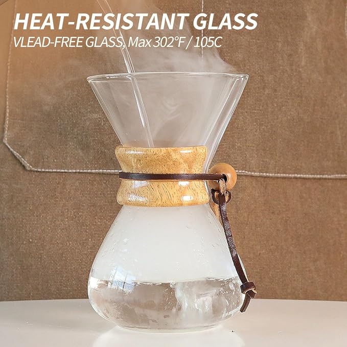 Pour Over Coffee Maker 34 OZ, 10 Cup Borosilicate Glass Drip Coffee Maker with Reusable Stainless Steel Filter and Cork Grip for Home Caf챕 1000 ML
