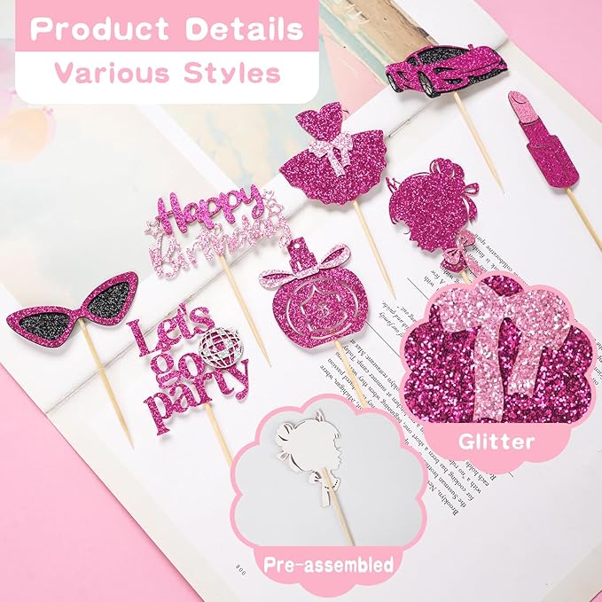 24 Pcs Glitter Princess Cupcake Toppers Pink Girl Cupcake Picks Let's Go Party Lipstick Cake Decorations for Girl Princess Theme Bridal Shower Wedding Birthday Party Supplies